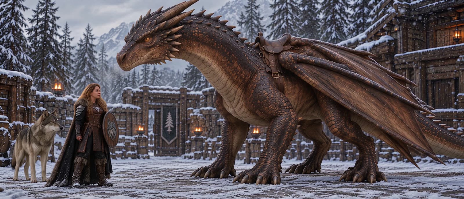 The Queen, her wolf and Cinder in a snow-covered village